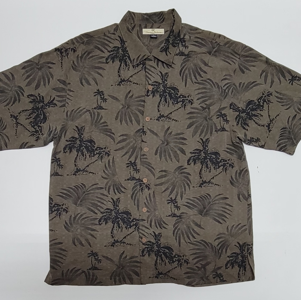 Large Tommy Bahama 100% Silk Brown Hawaiian Shirt
